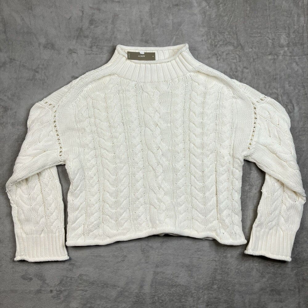 J Crew Cableknit 2025 Rollneck Sweater Womens M Ivory Cotton Preppy